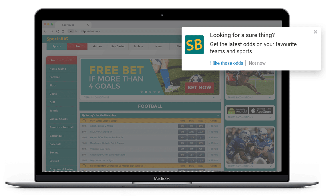 Sport betting pre-permission opt-in message for web push notifications